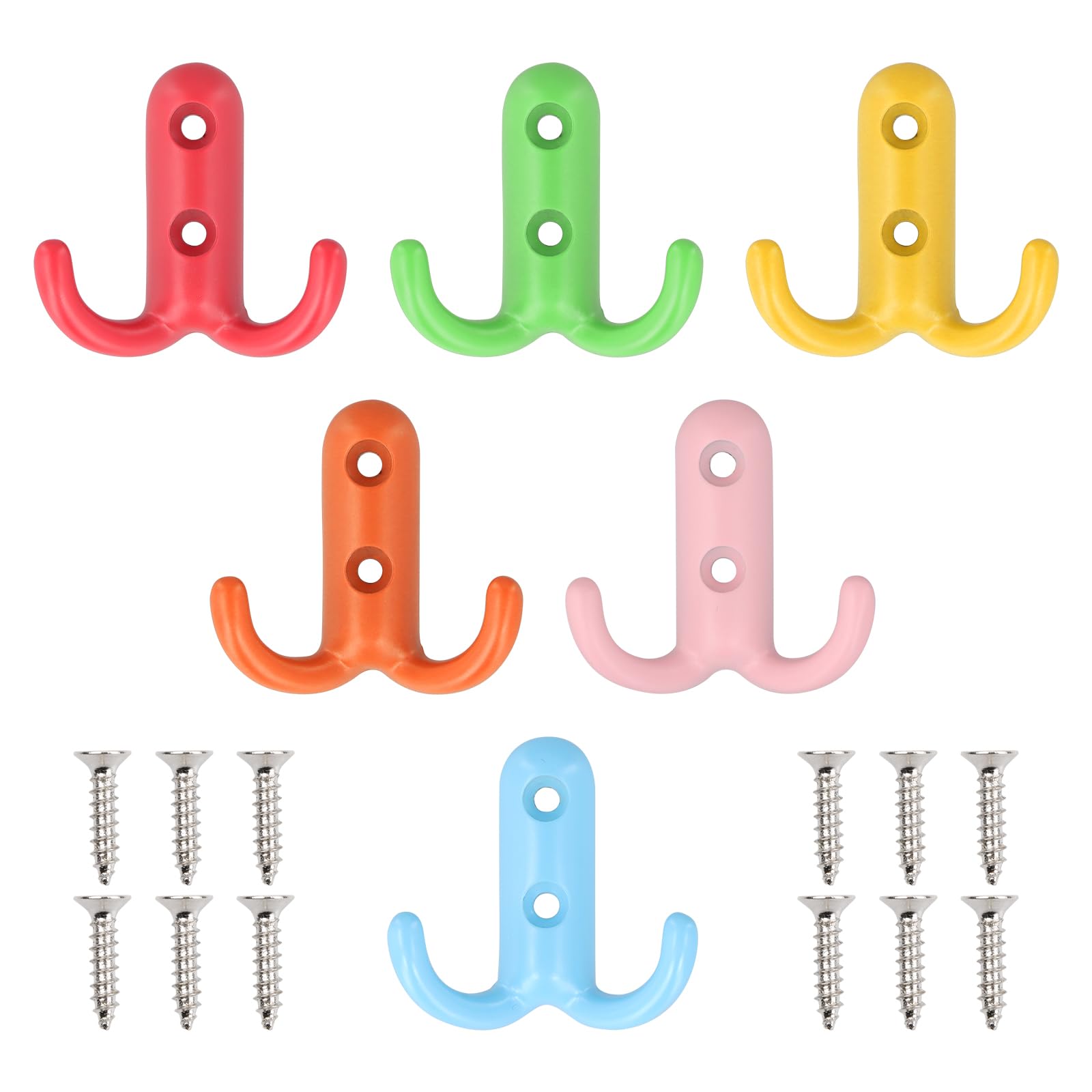 Litinliv 6Pcs Colorful Wall Hooks,Coat Hooks Heavy Duty Double Prong,Wall Mounted Double Prong Hooks,Rainbow Wall Mounted Hooks,Kids Bedroom Coat Hook,for Hanging Backpack Bag Towels Keys