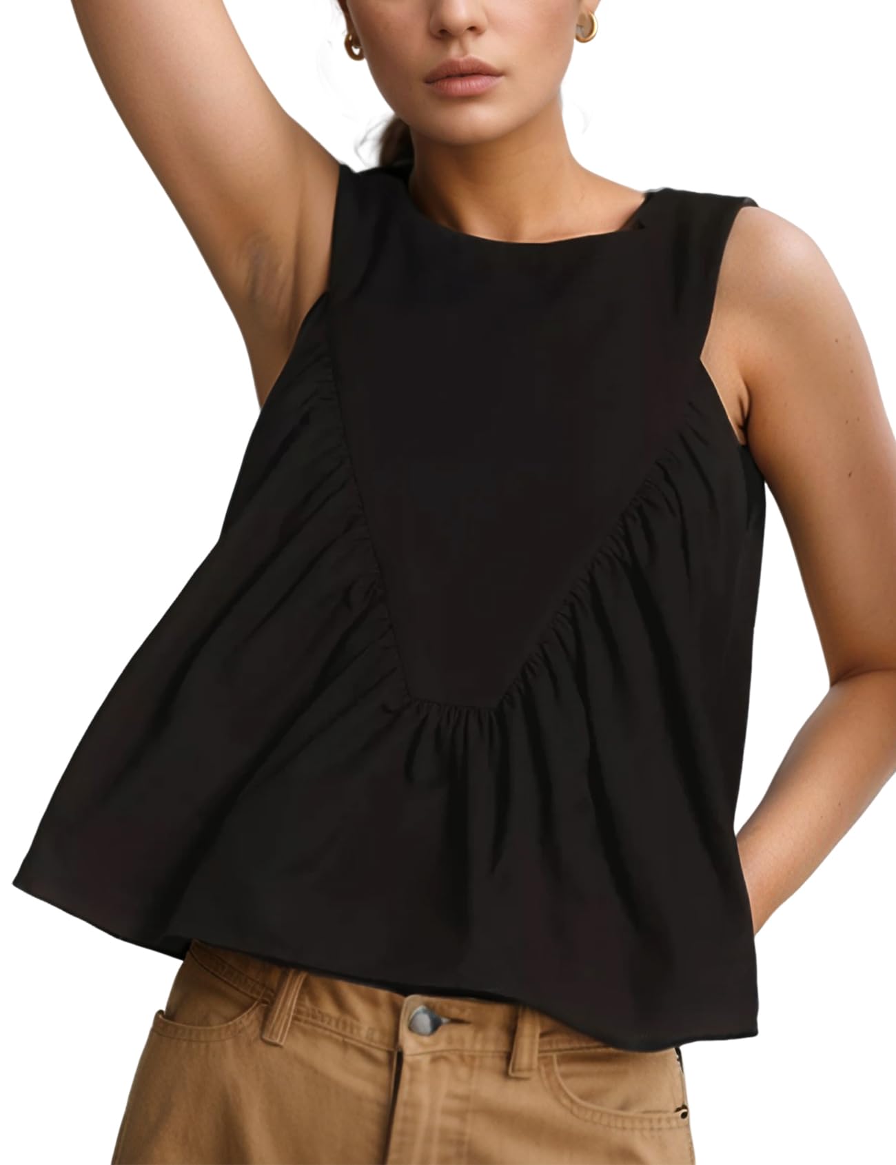 Photo 1 of Wyeysyt Peplum Tops for Women Shirred Swing Tank Tops Pleated Flowy Vest Casual Sleeveless Blouse Loose Fit Ruffled Shirts(Black-M)