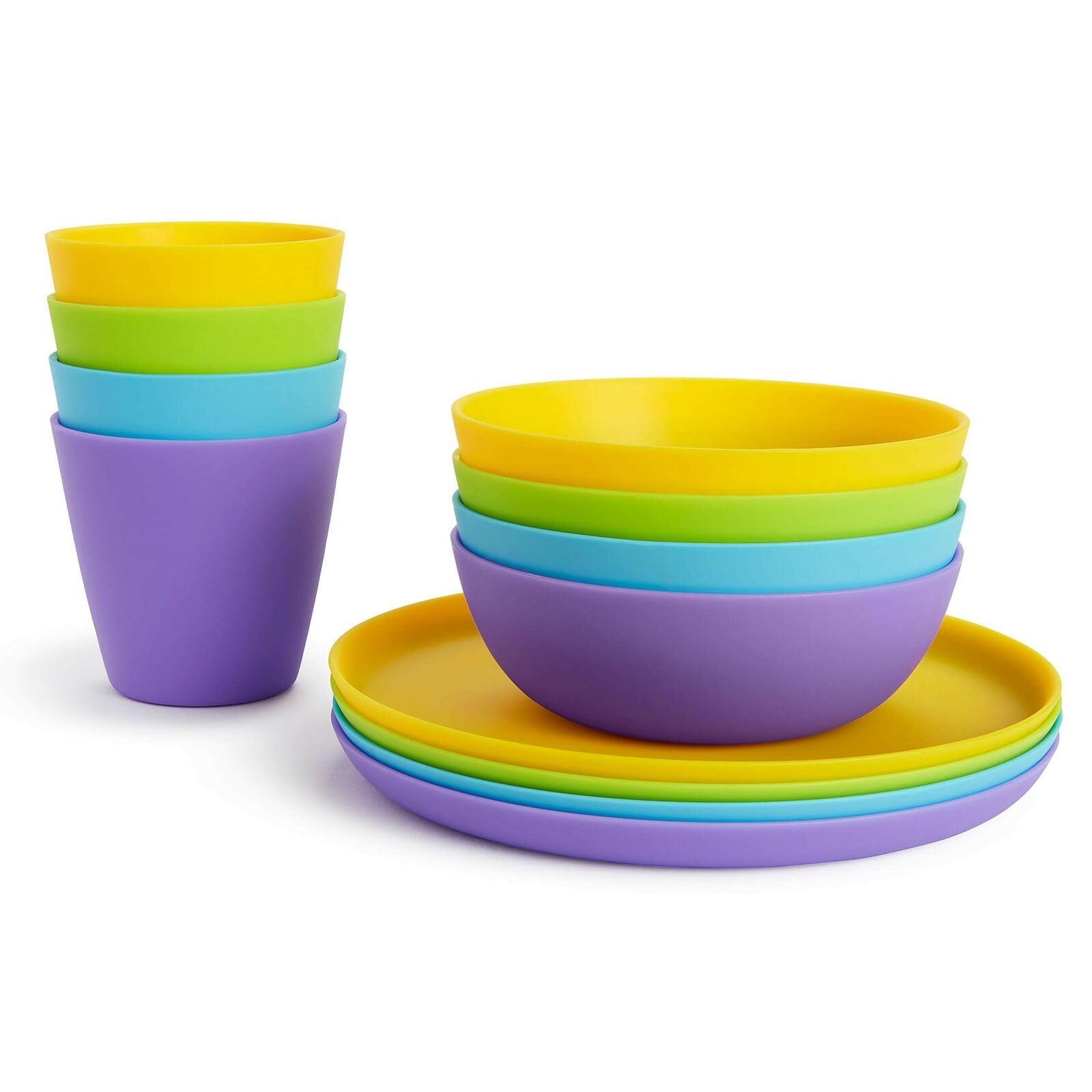 Munchkin 12 Piece Toddler Multi Dining Set | BPA Free Stackable Baby Dish Kids Plates and Bowls Sets | 4 Cups, 4 Plates, 4 Bowls | Multicoloured
