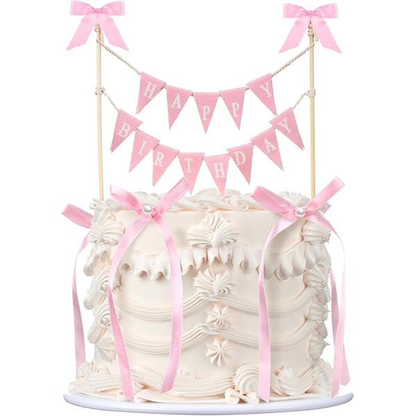 Happy Birthday Cake Bunting Topper - Handmade Cotton Banner With Wood Poles & Pink Roses, Cake Decor Garland - View #13