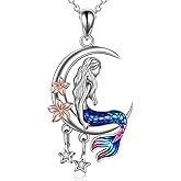LUHE Mermaid Necklace Jewelry Gifts Sterling Silver Sea Mermaid Crescent Moon and Star Necklace with Flower Pendant Birthday Gifts for Daughter Women