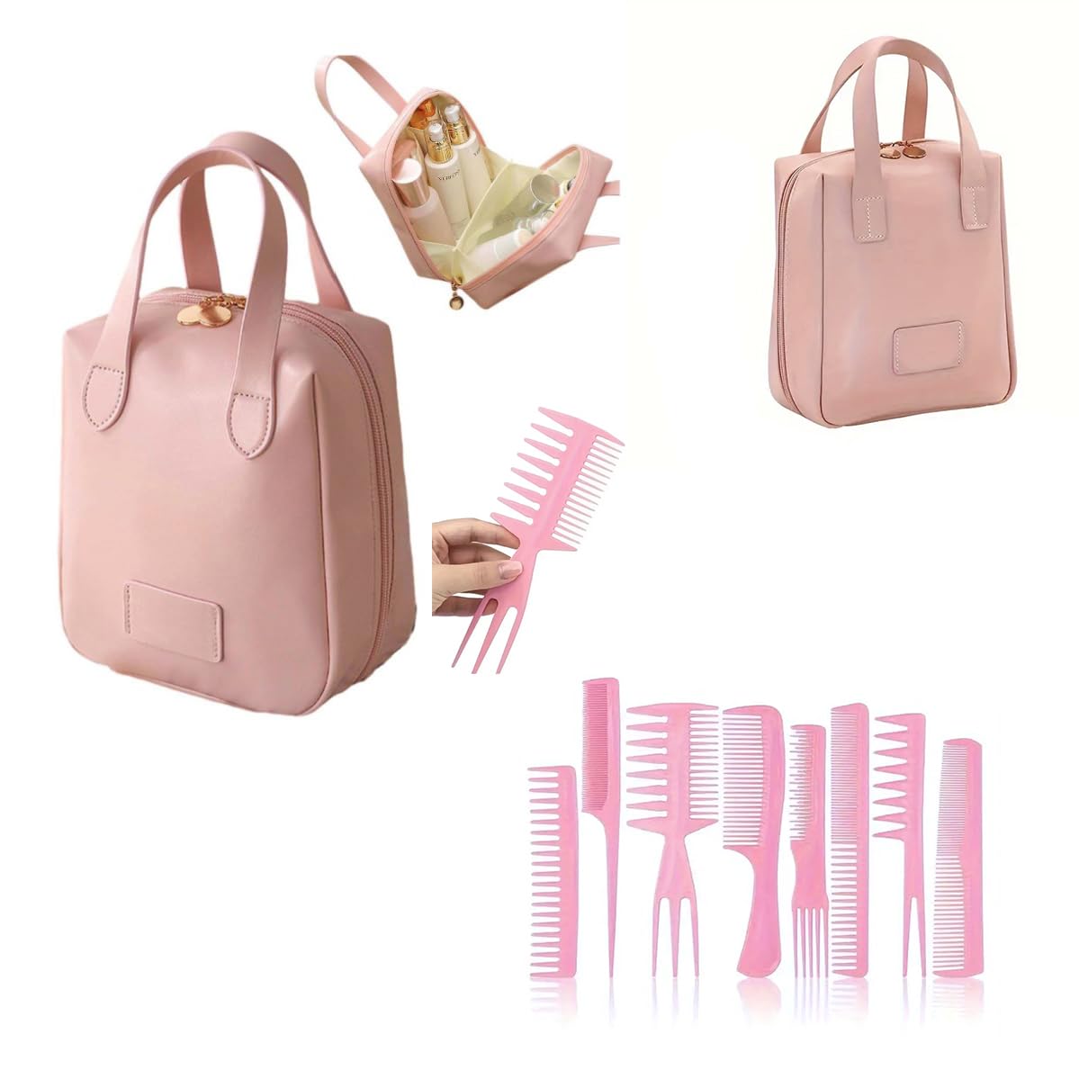 Expanding Pink Cosmetic Bag Holdall & 8PC Hairdressing Set - Zipped Section Toiletry Bag, Snap on Closure, Travel, Holiday, Overnight Stay (Pink Holdall & 8 Hairdressing Set)