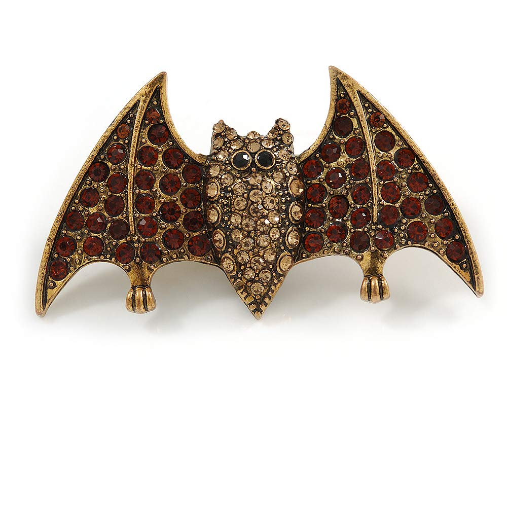 Topaz/Citrine Crystal Bat Brooch In Aged Gold Tone Metal - 60mm Across