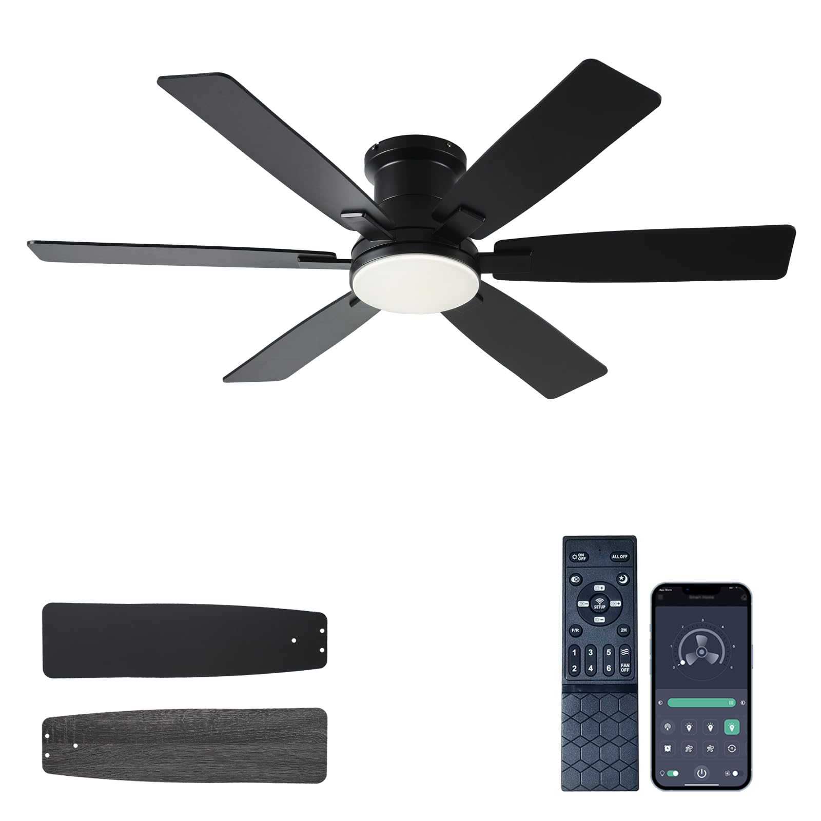 Photo 1 of 52 inch Black Ceiling Fans with Lights and Remote - Flush Mount Low Profile Ceiling Fan with Light, Reversible, 3CCT, Dimmable, Modern Indoor Ceiling Fan for Bedroom Living Room, Covered Patios