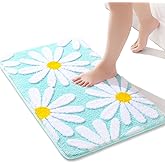 QJHOMO Green Bathroom Rug Cute Daisy Bath Mat White and Yellow Flower Decor Rugs Non Slip Floor Carpet Microfiber Bathmat Super Absorbent Machine Washable Bathtub Mats for Shower (16x24 inch)