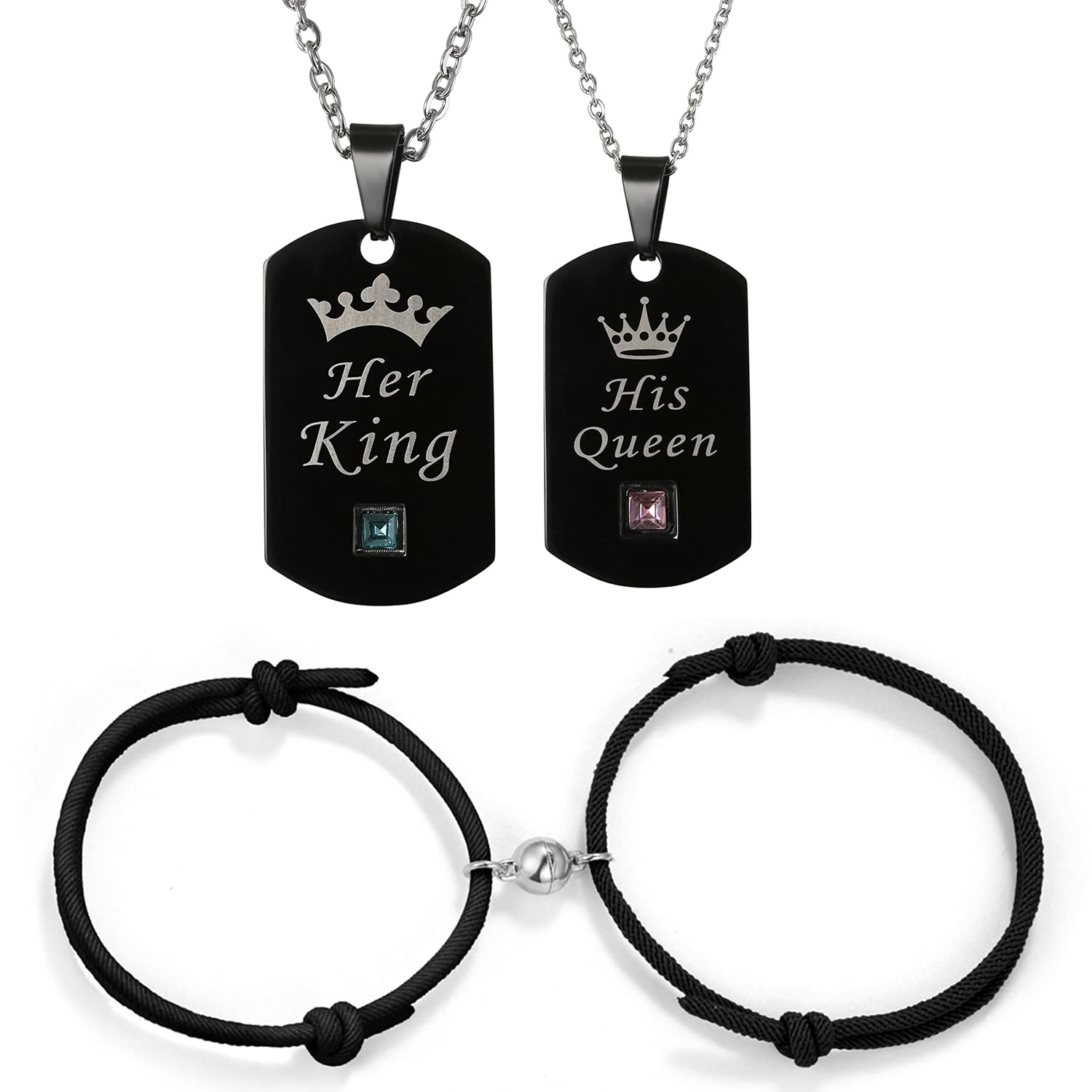 Cupimatch 2 Pairs Couple Relationship Necklace Bracelets, Adjustable Rope Braided Magnetic Mutual Attraction Bracelet His Queen Her King Crown Stainless Steel CZ Dog Tag Pendant Necklace