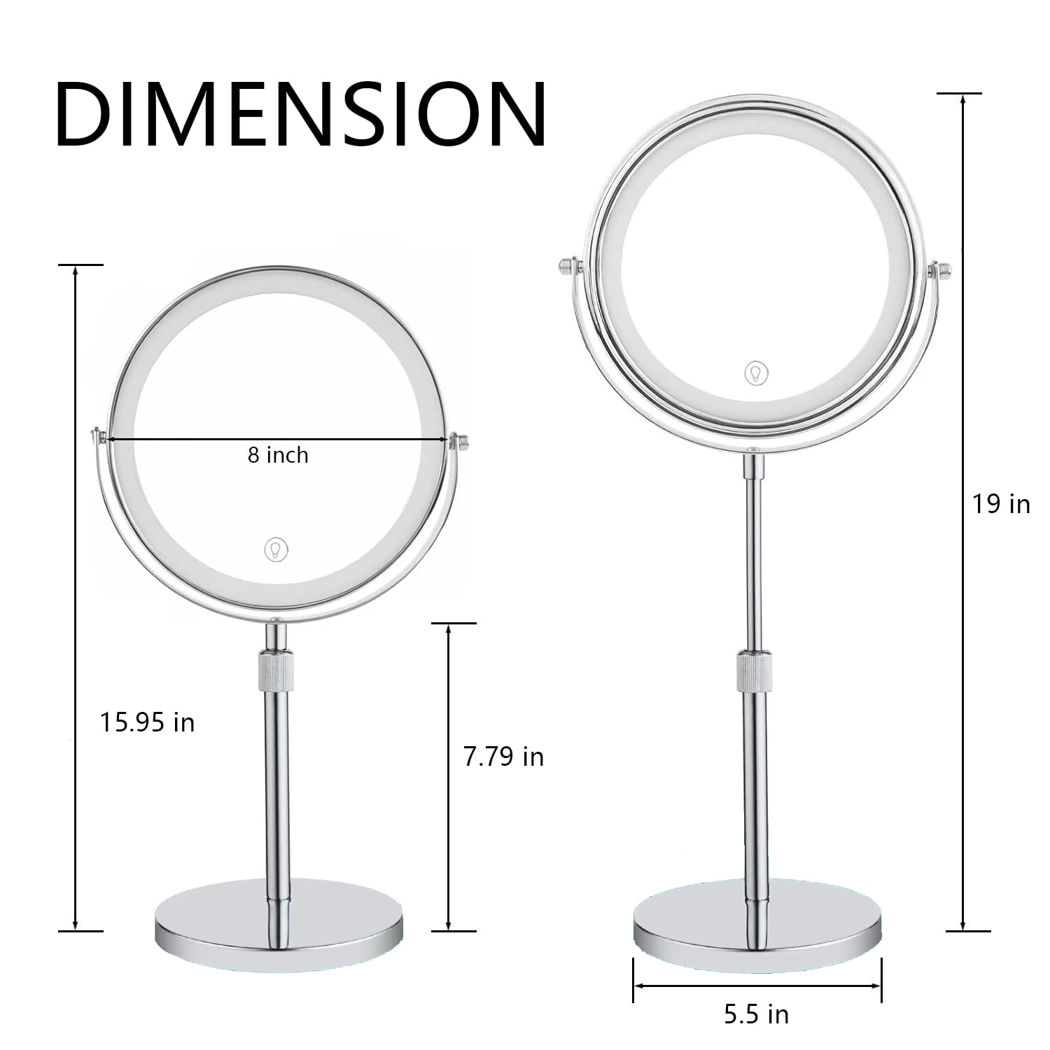 Lighted Makeup Mirror with Magnification, Rechargeable Lighted Mirror, Three Color Lighting Modes, Height Adjustable, 1x/10x 360° Rotation Touch Screen Vanity Mirror (8in. Silver)