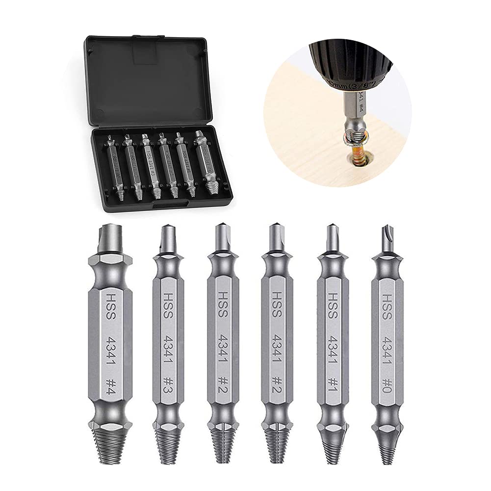YIXISI 6 PCS Profession Damaged and Stripped Screw Extractor, Broken Head Nuts and Bolts Extractor, High Quality Hardened High Speed Steel, for Damaged Screw Remover Use with Drill, Silver