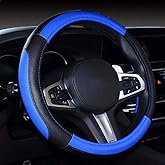 SHIAWASENA Microfiber Leather Car Steering Wheel Cover, Fashion Stitching, Universal 15 Inch Fit, Non-Slip (Black&Blue)