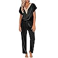 Ekouaer Womens Silk Pajamas Set Satin Pjs with Long Pants Short Sleeve Sleepwear Guipure V Neck Loungewear