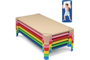 KOTEK Stackable Daycare Cots for Kids, Portable Children Nap Cots, 53" L x 24" W, Ready-to-Assemble, Space Saving Toddler Sleeping Cots for Classroom Preschool (6 Pack, Multicolor)