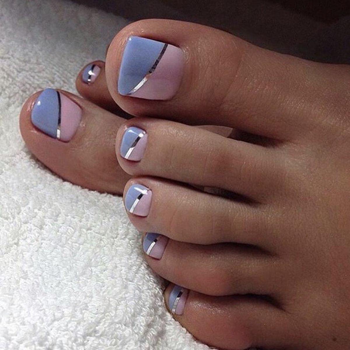 Carufin 24 PCS Two-Tone Pedicure Nail Art Design, Pink and Blue Split Pattern with Silver Stripe, Modern Toe Nail Design for Women Girls (C)