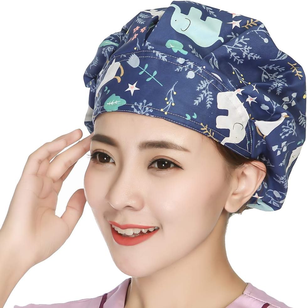 QiaTi Women Scrub Hats with Sweatband Adjustable Cotton Bouffant Cap Doctor Scrub Cap Free Size