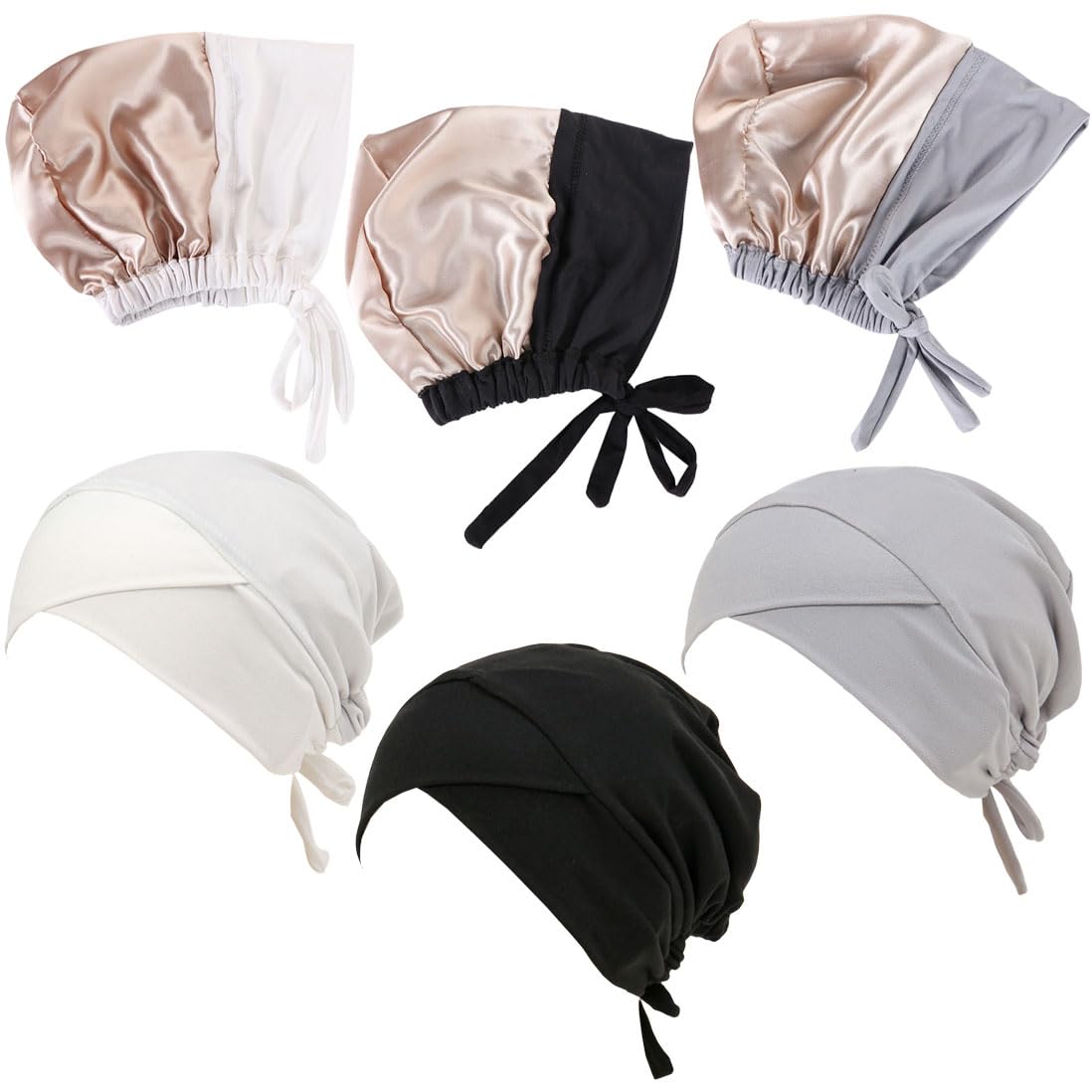 Photo 1 of Lucky staryuan Women's Satin Under Scarf Hat, Islamic Hijab Undercap with Tie, Muslim Head Cover (6, White Black Grey)