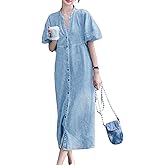 Women's Summer Casual Denim Dress Button V Neck Short Sleeve Loose Fit Midi Jean Dresses