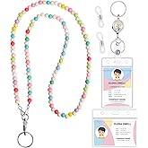 Lanyards for ID Badges Teacher Gifts Cute Wooden Beaded Lanyard with ID Holder Retractable Badge Reel Keys Eyeglass Chains for Women