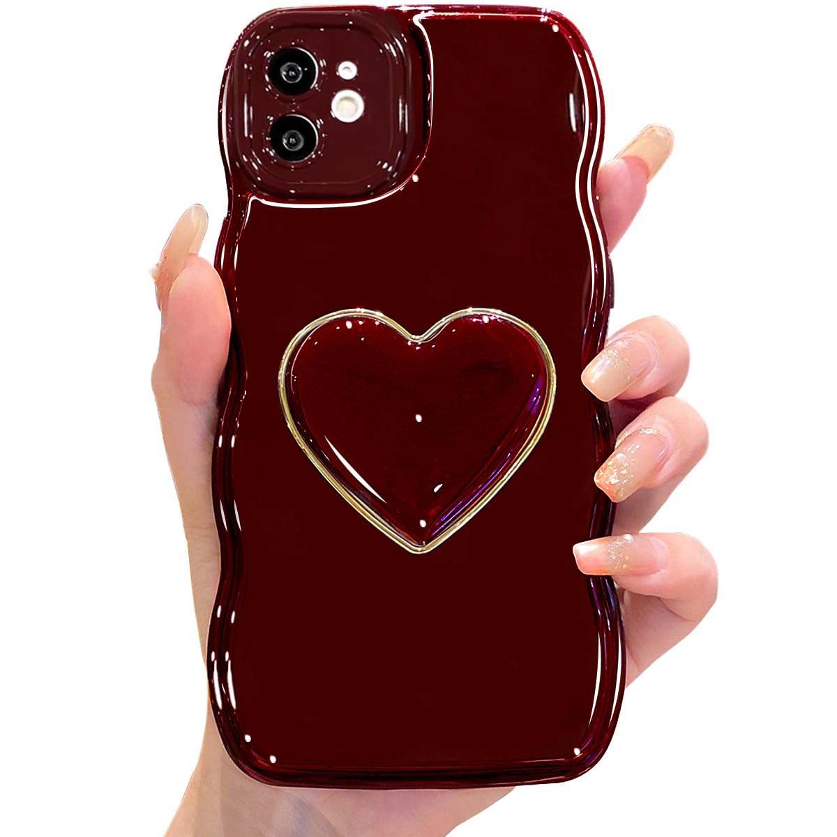 Sutpstmt for iPhone 11 Cute Case, Simple Wave Frame Curly Shape Shockproof Protective Cover with Stand, Wine Red Luxury Bumper Love Heart Holder Kickstand Soft Silicone Phone Case for Women Girls