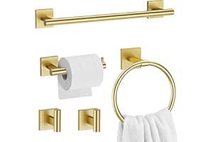 5-Piece Towel Bar Set Brushed Gold Bathroom Hardware Set with 23.6 Inch Round Stainless Steel Towel Bar Wall Mounted