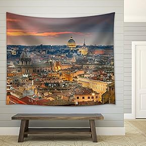 Wonderful View of Rome at Sunset time with St Peter Cathedral - Fabric Wall Tapestry Home Decor - 51x60 inches
