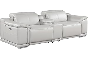 BlackJack Furniture Venice Top Grain Italian Leather Power Recline Loveseat Sofa - 93" Theater Seating Modern Couch for Living Room Apartment Home with Adjustable Headrests & USB Port, Light Grey