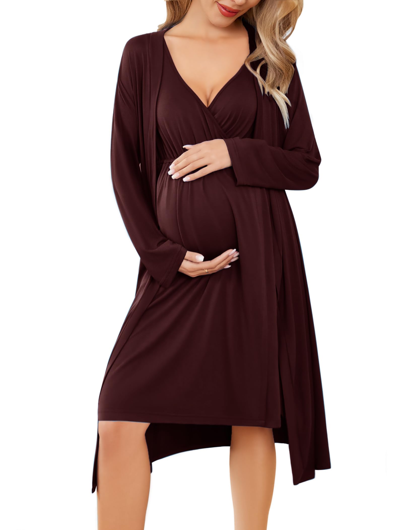 Ekouaer Maternity Nursing Gown and Robe Set Labor Delivery Nursing Nightgowns for Breastfeeding Pregnancy Clothes Maroon M Image