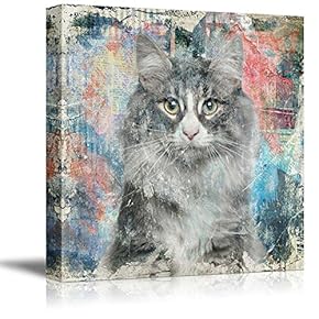 Square Cat Series Canvas Wall Art - A Cat with Colorful Grunge Background - Giclee Print Gallery Wrap Modern Home Art Ready to Hang - 12x12 inches