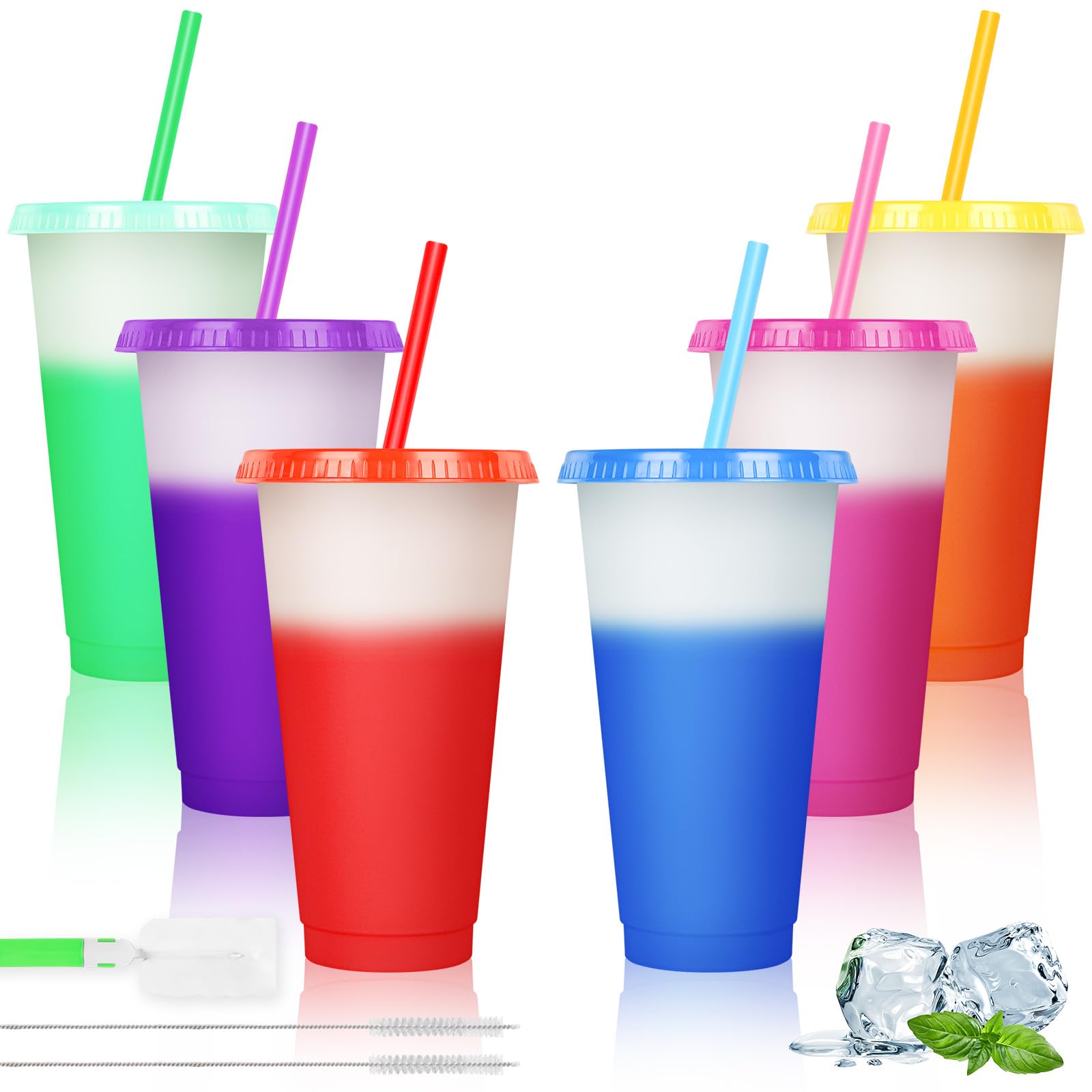AUAUY Reusable Color Changing Cup, 6 Pack BPA Free Plastic Tumbler Set, 24oz Travel Iced Coffee Mug Tumbler with Straw Lid, Smoothie Milkshake Bottle Magic Cold Drink Water Cups for Party Kid Aldult