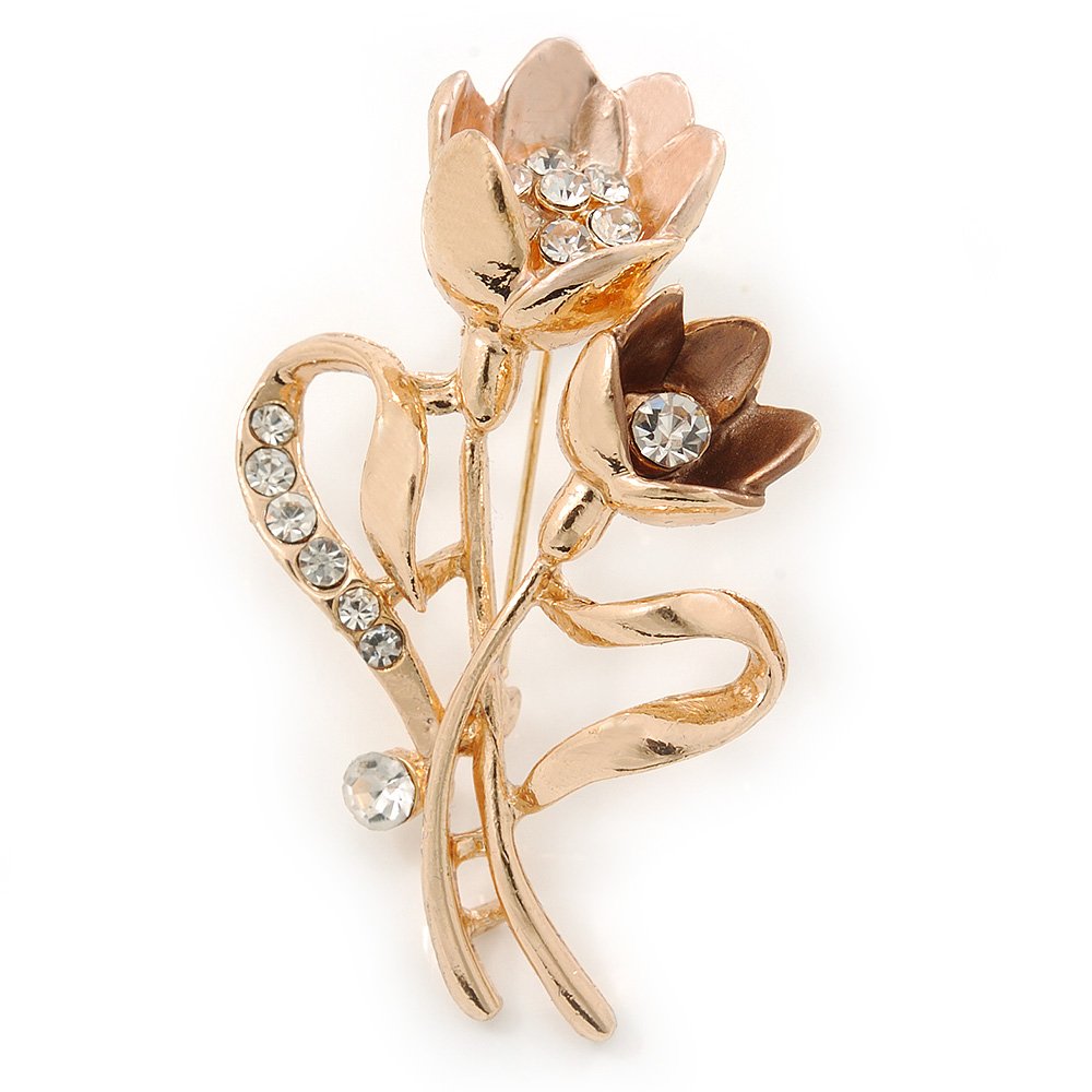 Magnolia/Bronze Crystal Tulip Brooch In Gold Tone - 55mm L