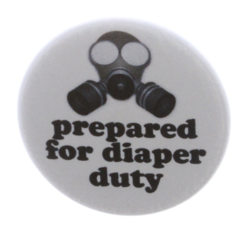 Gas Mask prepared for diaper duty New Baby Mom Dad