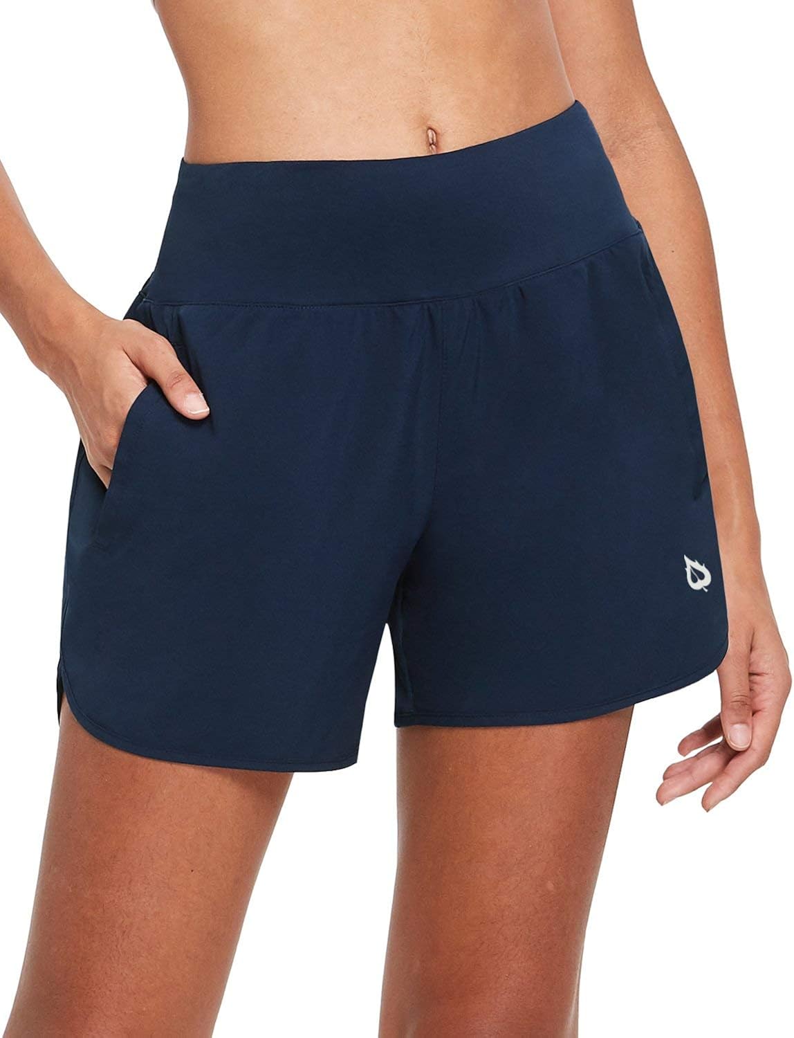 BALEAF Womens 5 Inches Knit Waistband Running Shorts with Liner Dry Fit Lounge Gym Walking Lined Shorts Back Zipper Pocket: Clothing