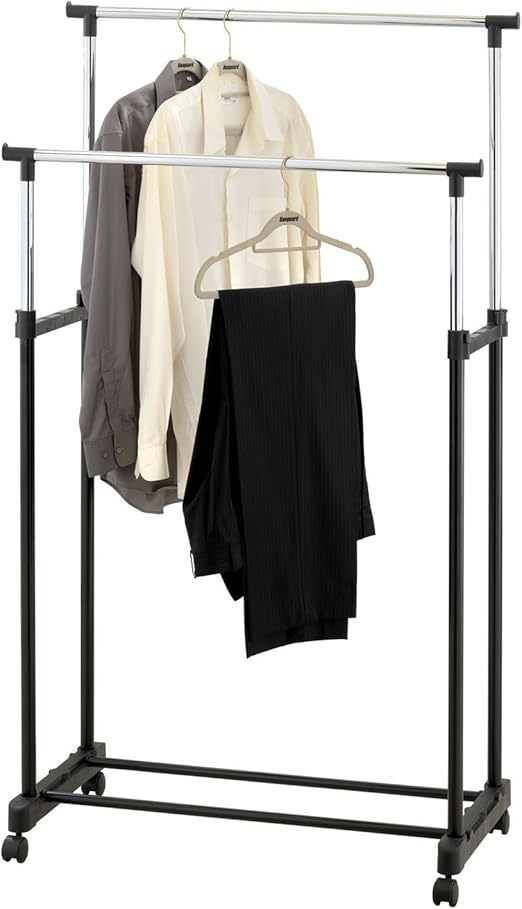Top Home Solutions Sturdy Double Adjustable Garment Clothes Rail With