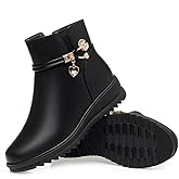 EGGDK Women's Leather Platform Wedge Heel Ankle Boots Comfortable Round Toe Warm Fur Lining Side Zipper Non-slip Lug Sole Winter Ankle Boots Outdoor Work Walking Snow Boots