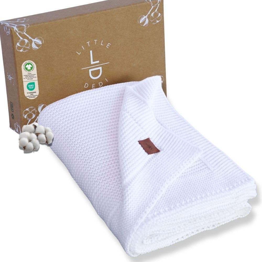 Photo 1 of Little Dedi 100% Organic Cotton Baby Knitted Blanket with Gift Box - Soft Toddler, Crib, Stroller Blanket - Neutral Swaddle and Receiving Blanket for Newborns, 30"x40", White