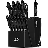 Knife Set, 15 Pieces Kitchen Knife Set with Built in Sharpener, German High Carbon Stainless Steel Knife Block Set, Dishwasher Safe, Black