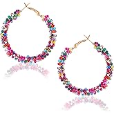 Yuanchu Boho Flower Hoop Earrings, Boho Beaded Earrings for Women, Colorful Daisy Hoop Earrings