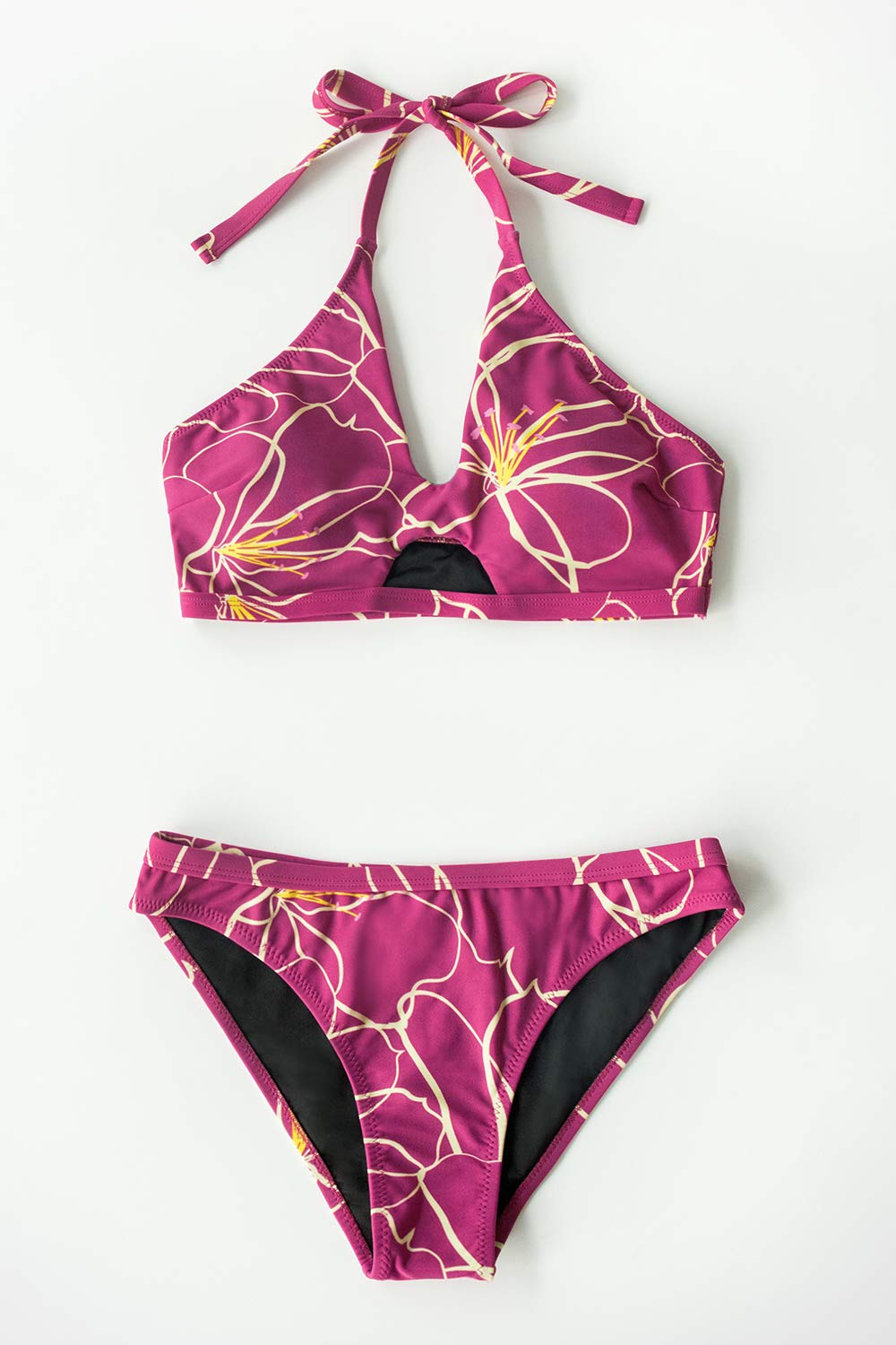 CUPSHE Women's Purple Hibiscus Halter Low Rise Cutout Two Piece Bikini