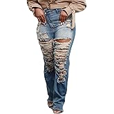 LETSVDO Women's Skinny Ripped Jeans High Waisted Straight Leg Distressed Raw Asymmetrical Strechy Denim Pants