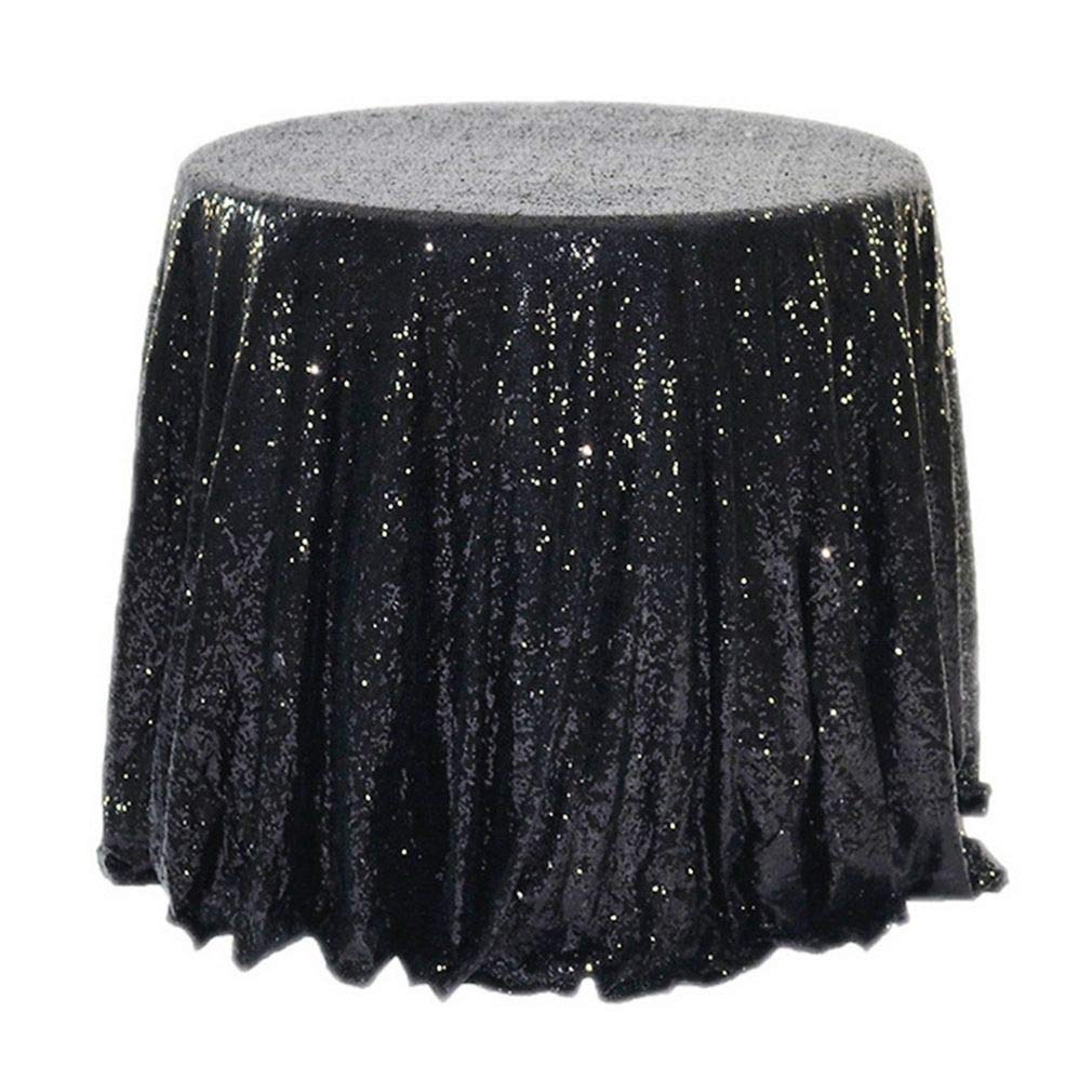JK Home Sequin Tablecloth Polyester Round Table Cover for Wedding Banquet Party Black 200CM