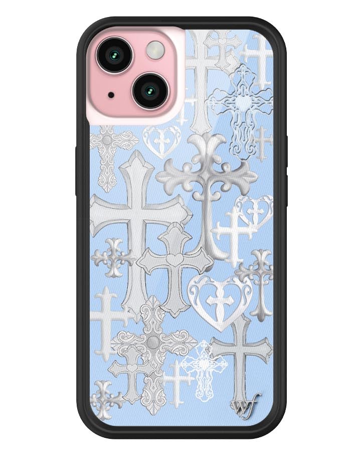 Photo 1 of (BAGGED) (USED/FAIR) (SKULLS) Wildflower Cases - Cross Girl Case, Compatible with Apple iPhone 15 | Trendy, Cute, Goth, Blue, Silver Crosses - Protective Black Bumper, 4ft Drop Test Certified, Women Owned Small Business