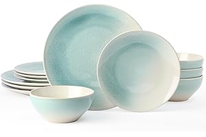 Richmount 12 Piece Dinnerware Sets, Plates and Bowls Sets for 4, Reactive Glaze Dish Set，Stoneware Dishes- Dishwasher and Mic