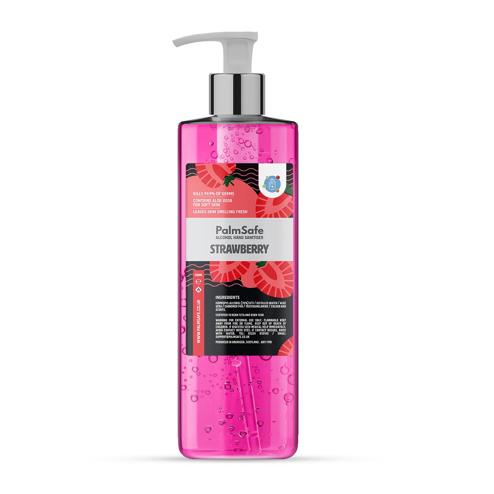 Palm Safe Strawberry 500ml Anti Bacterial Premium Hand Sanitiser Pump Bottle Quick Drying Non Sticky Extra Moisturising Kills 99.9% of Viruses and Bacteria