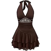 RoseSeek Women's Halter Backless Flowy Cowgirl Short Dress Sleeveless Ruched Tiered Layer Mini Dress