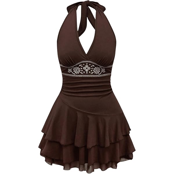 RoseSeek Women's Halter Backless Flowy Cowgirl Short Dress Sleeveless  Ruched Tiered Layer Mini Dress Brown XX-Small at Amazon Women's Clothing  store