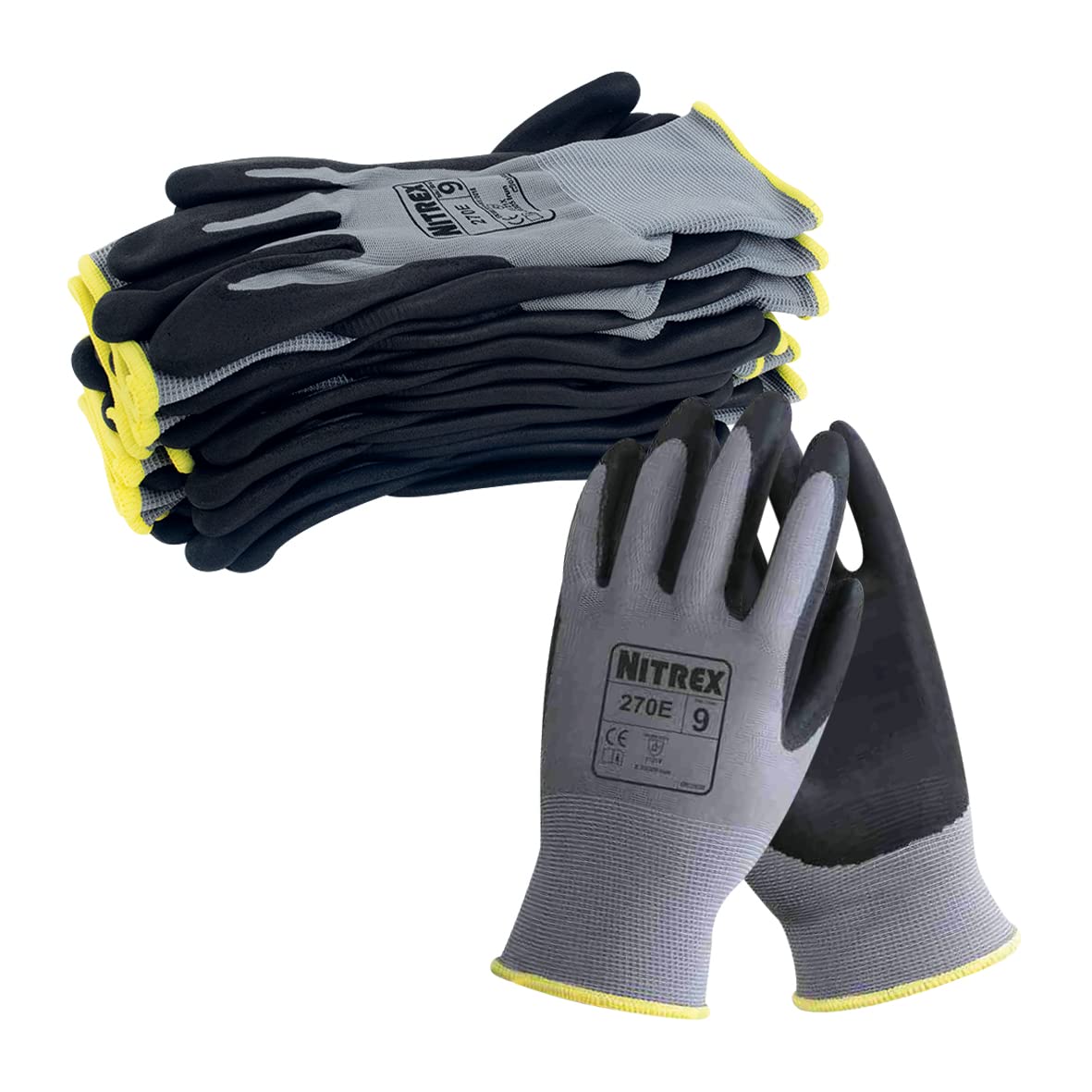 NITREX 270E Work Gloves – Pack of 10 | Safety Gloves with Enhanced Grip | Protective Workwear for Various Workplace Hazards | Size 7