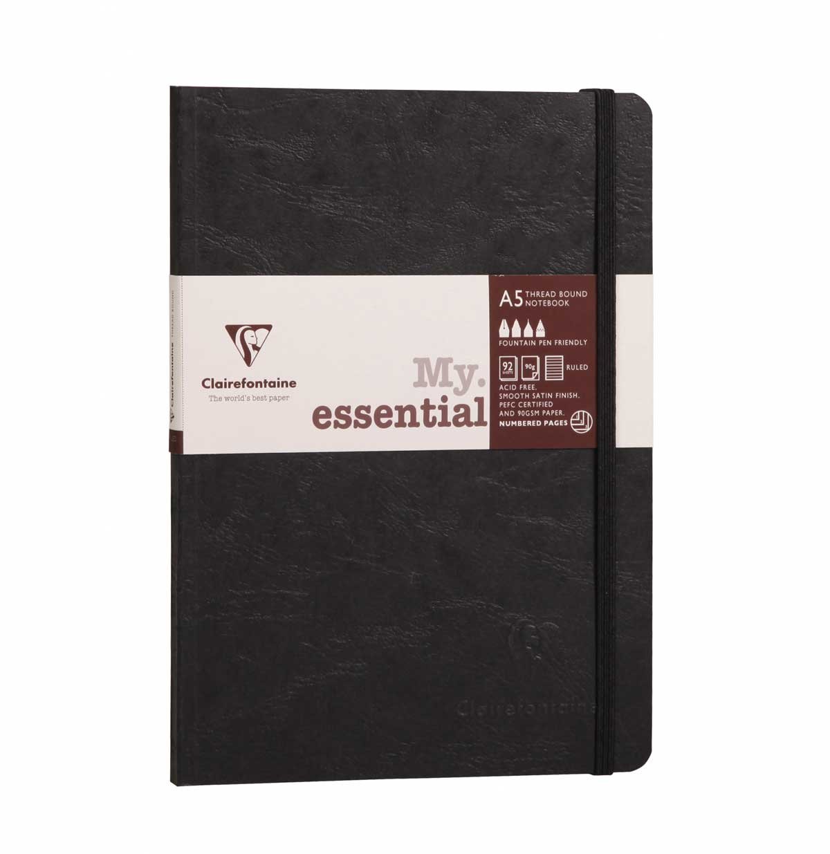 Clairefontaine 793461C Age Bag Collection MyEssential Black Sewn Elastic Notebook - A5 14.8x21cm - 192 Lined Numbered Pages - 90g Ivory Paper - Leather Cover