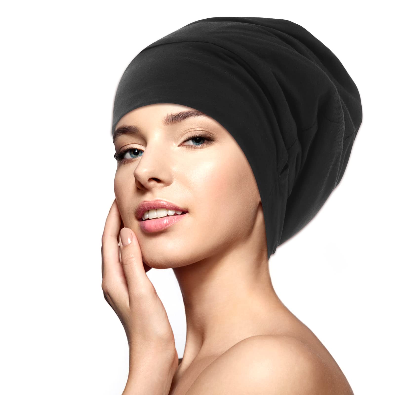 WLLHYF Silk Bonnet Sleep Cap Soft Hair Wrap Cover Satin Lined Beanie Adjustable Turban hat Nurse Cap Bonnet for Medium Curly Frizzy Hair Chemotherapy hat for Women and Men Black