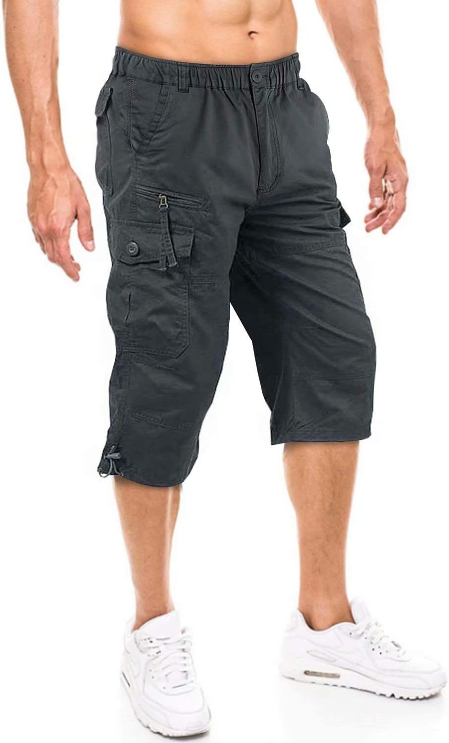 KEFITEVDMen's Cotton 3/4 Capri Shorts Casual Military Elastic Cargo Shorts with Multi Pockets