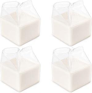 WUWEOT 4 Pack Milk Carton Creamer, Square Heat Resistant Mini Milk Glass Cup Creamer Pitcher Milk Box for Milk, Coffee, Water, Juice, Beverages, 12OZ/350ml