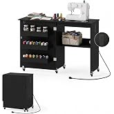 GIANTEX Folding Sewing Table with Charging Station, Storage Trays &amp; Shelf | Rolling Craft Table with Lockable Wheels, Foldable Sewing Machine Cabinet Desk for Small Spaces, Dorms, Black