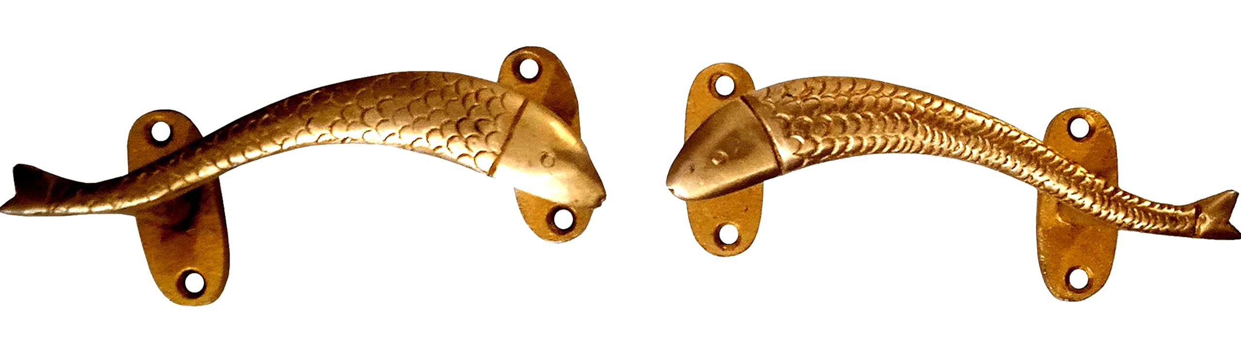 Purpledip Brass Handle Set of 2: Dolphin Fish Shape Vintage Design Opposing Grips for Doors Windows Dresser Cupboard Drawer, 5.5 Inches Long (11024C)